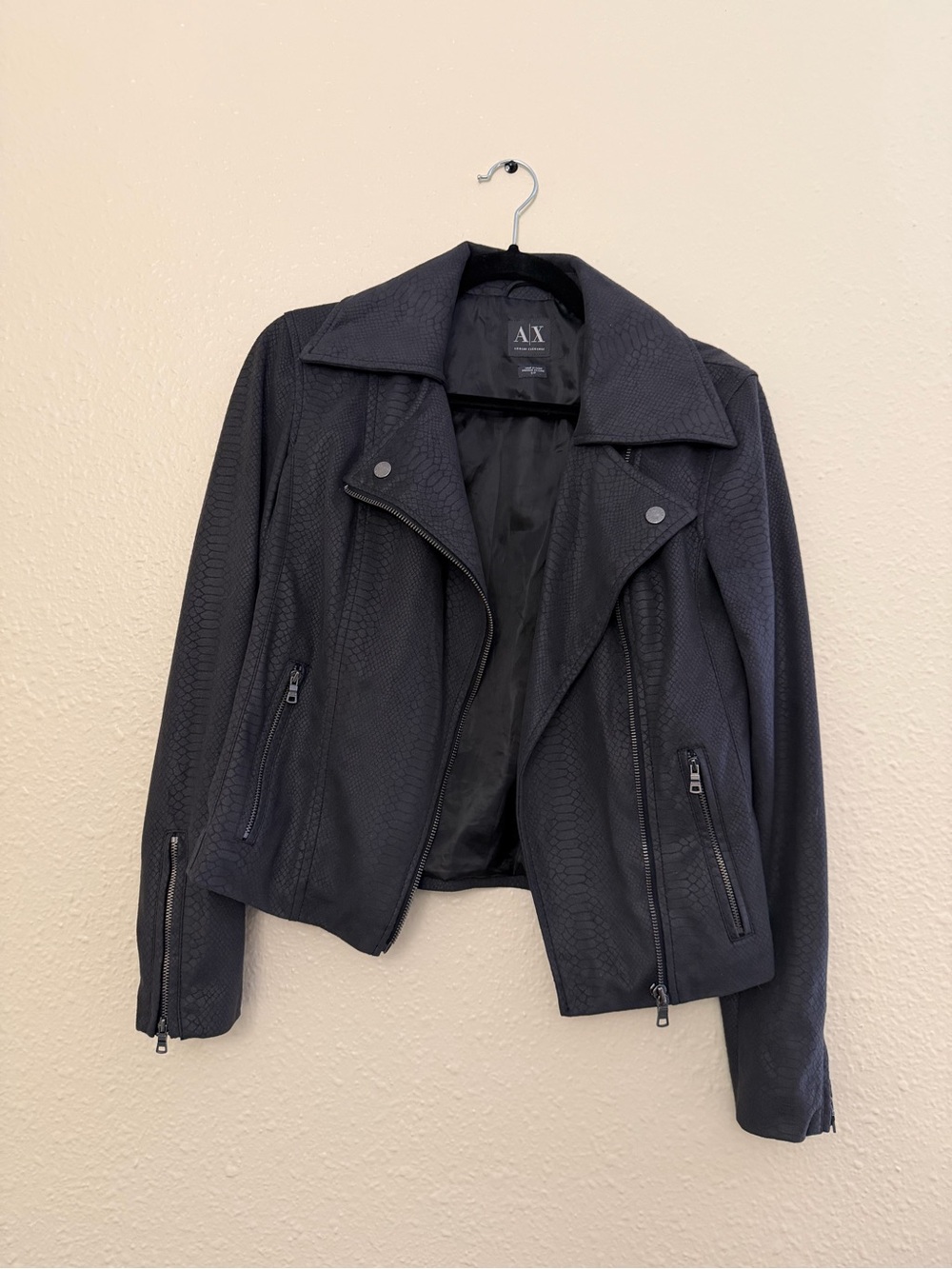 Armani Exchange Black Textured Faux-Leather Moto Jacket